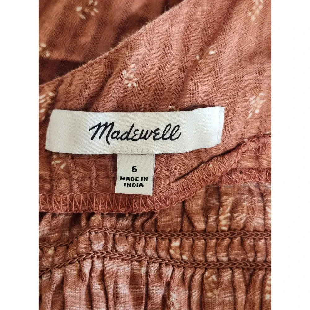 Madewell Brown‎ Smocked Puff Sleeve Peplum Top Size 6 Cottagecore Boho